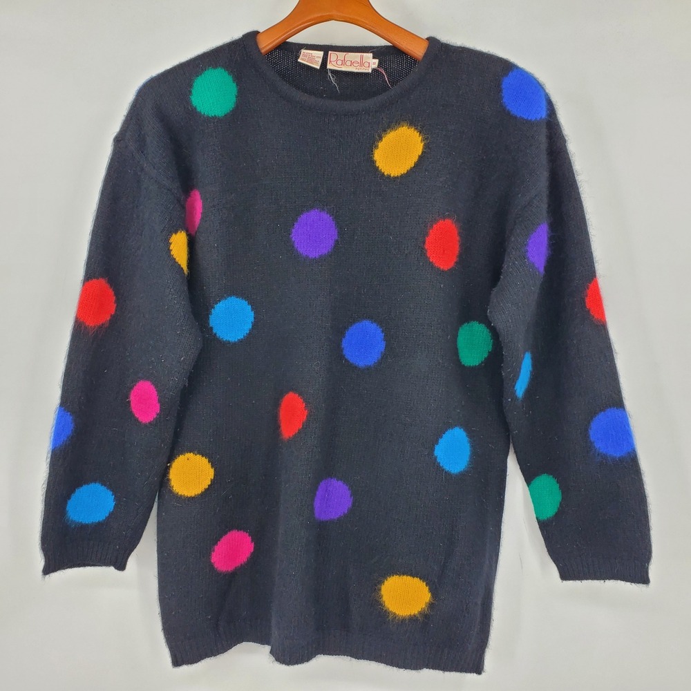 Vintage Rafaella Petites Angora Lambswool Polka Dot Sweater Black Small 80s 90s